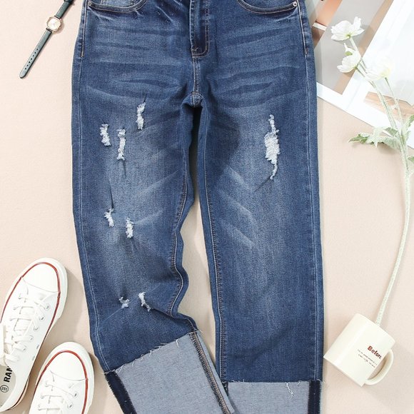 Blue High Waist Distressed Straight Leg Jeans - Picture 5 of 15